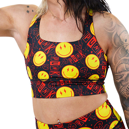 smiley face punk rock themed sports bra