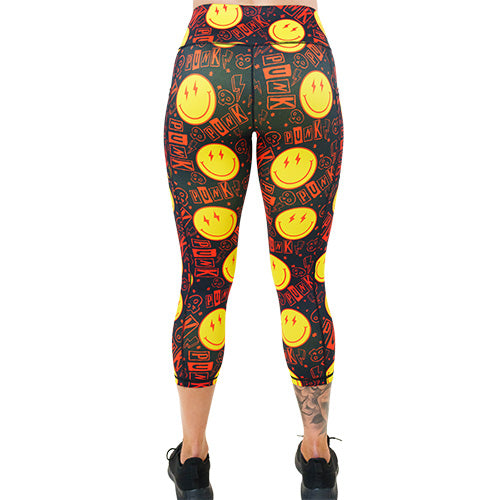 back of capri length smiley face punk rock themed leggings