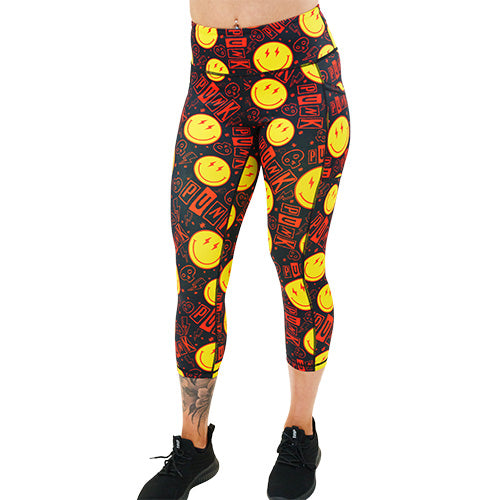 capri length smiley face punk rock themed leggings