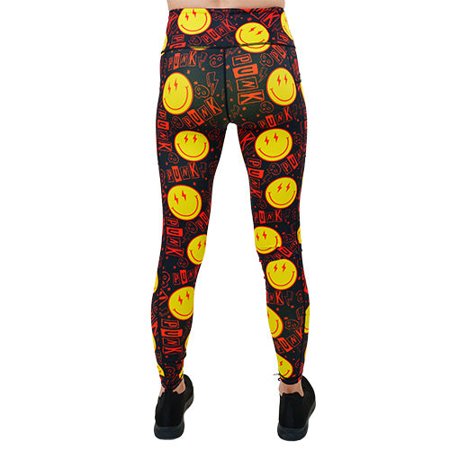 back of full length smiley face punk rock themed leggings