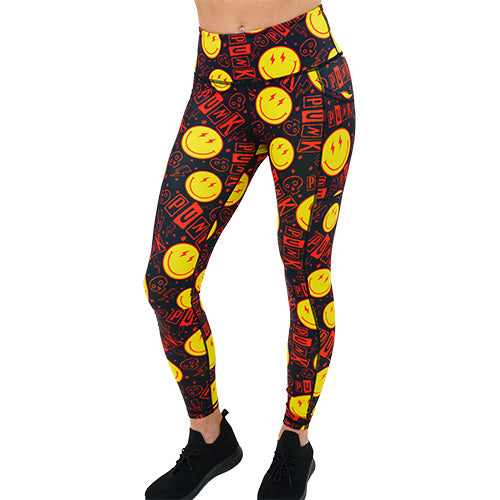 full length smiley face punk rock themed leggings