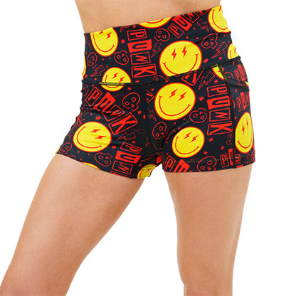 2.5 inch smiley face punk rock themed shorts