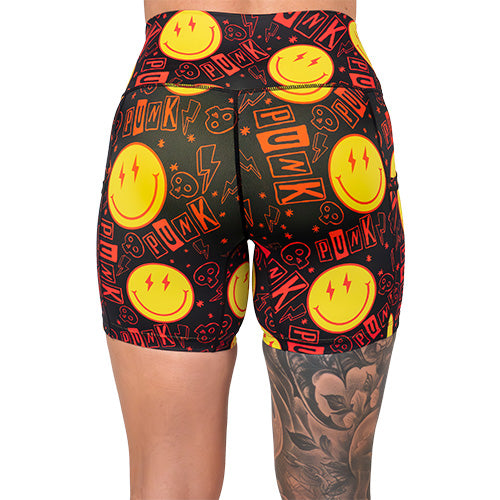 back of 5 inch smiley face punk rock themed shorts