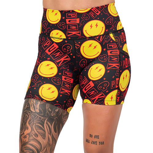 5 inch smiley face punk rock themed shorts