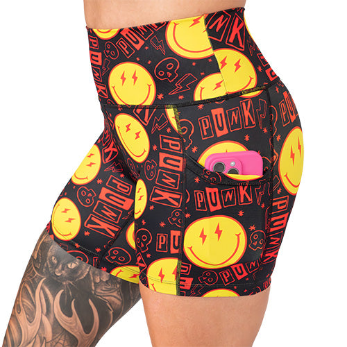 side pocket on smiley face punk rock themed shorts