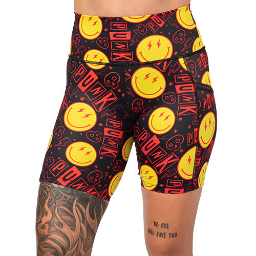 7 inch smiley face punk rock themed shorts