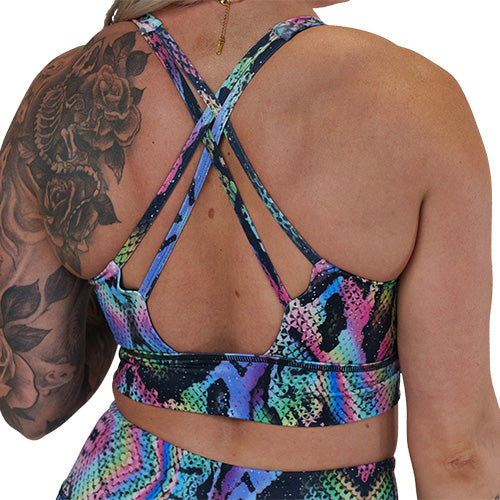 back of the rainbow snakeskin sports bra