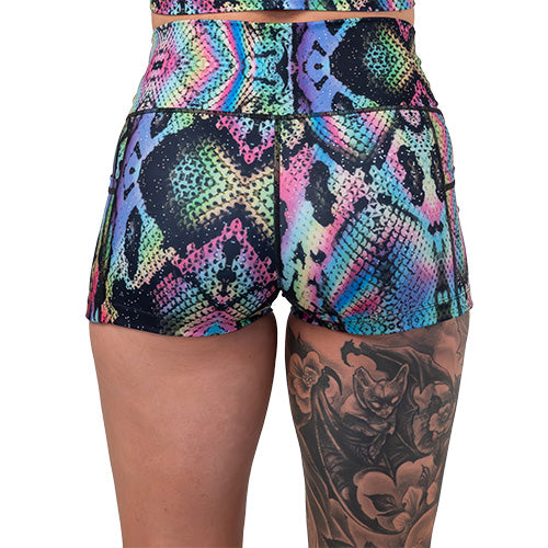 back of the rainbow snakeskin shorts