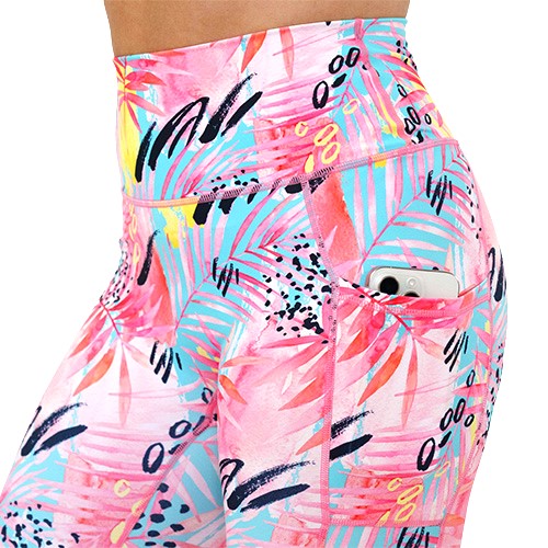 side pocket on the bright colored palm tree leaf patterned leggings