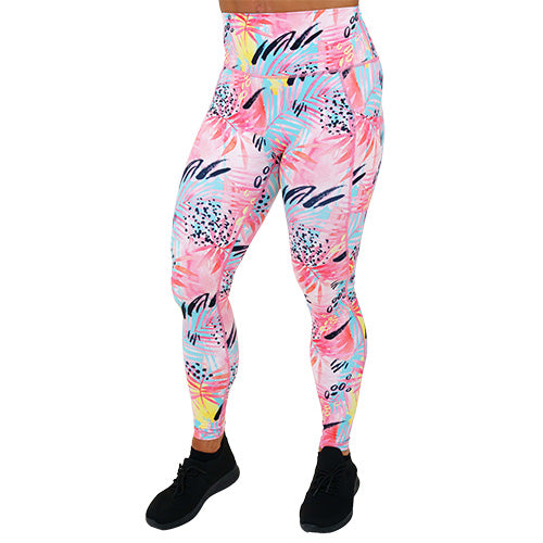 full length bright colored palm tree leaf patterned leggings