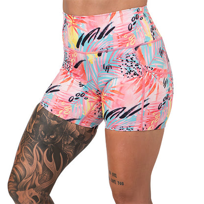 5 inch bright colored palm tree leaf patterned shorts