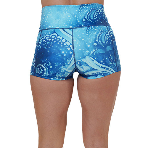 back of the 2.5 inch blue underwater themed shorts