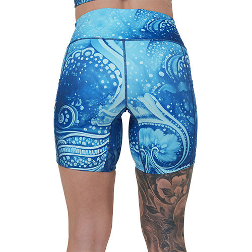 back of the 7 inch blue underwater themed shorts