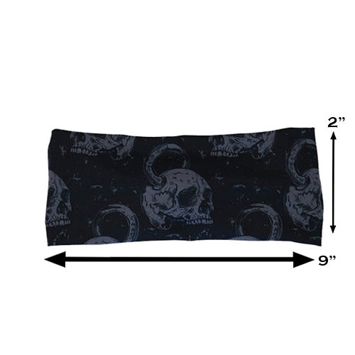 skull kettlebell print headband measured at 2 by 9 inches