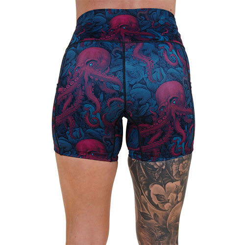 back of 5 inch octopus patterned shorts