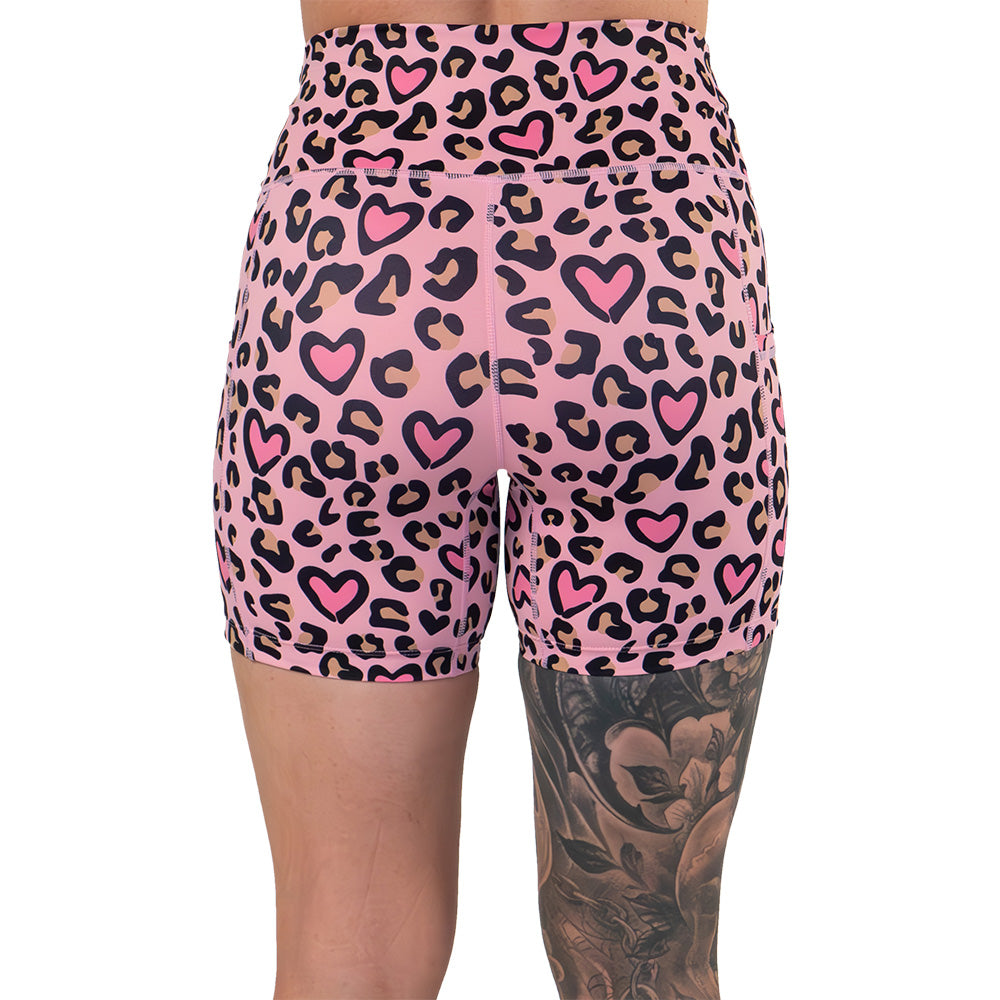 back of the pink heart and leopard patterned shorts