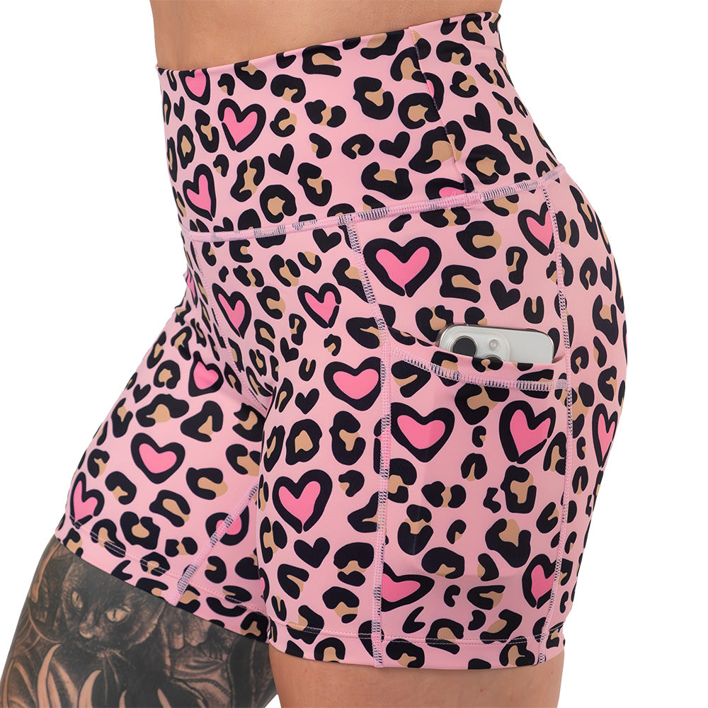 side pocket on the pink heart and leopard patterned shorts