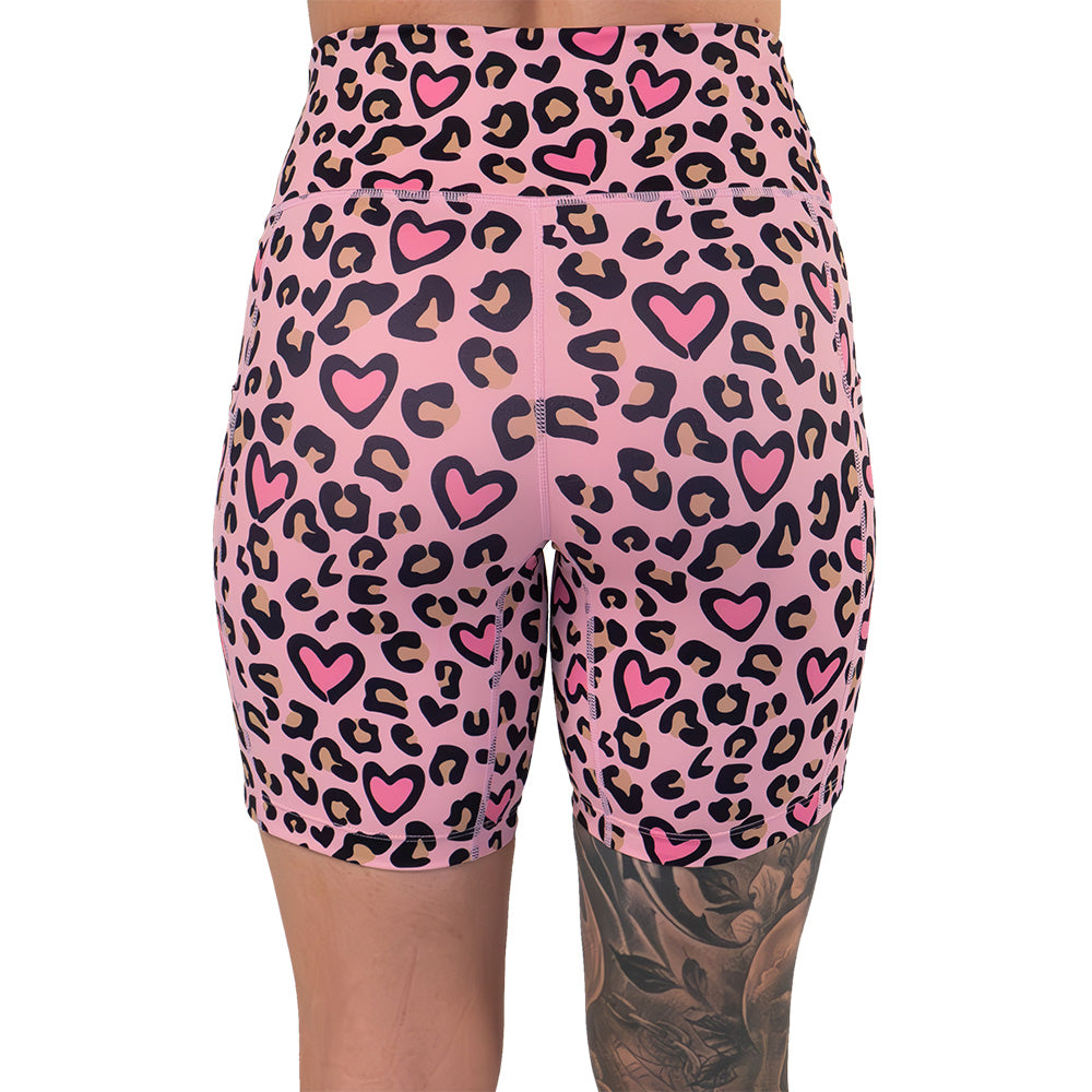 back of the pink heart and leopard patterned shorts