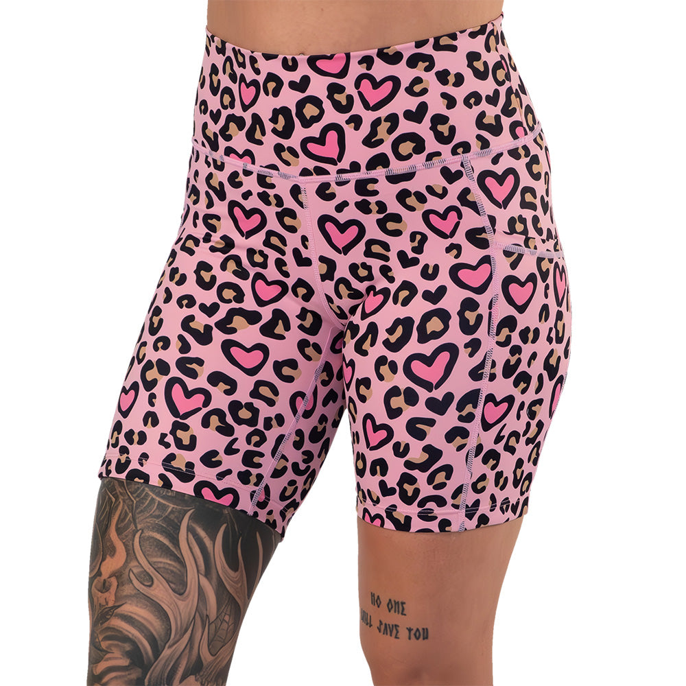 7 inch pink heart and leopard patterned shorts