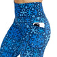 close up of side pocket on these blue snowflake patterned leggings