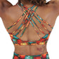 back of the orange and blue mini pumpkin patterned sports bra