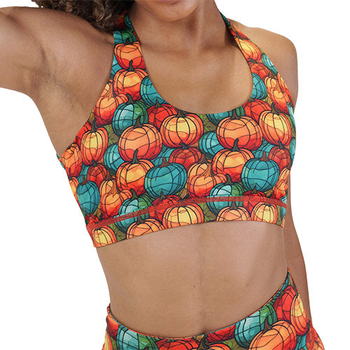 orange and blue mini pumpkin patterned sports bra