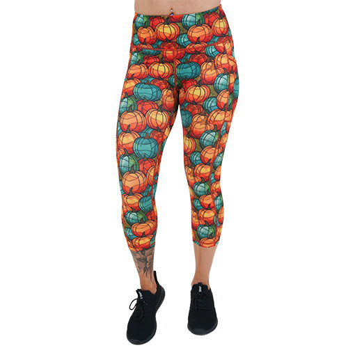 capri length orange and blue mini pumpkin patterned leggings