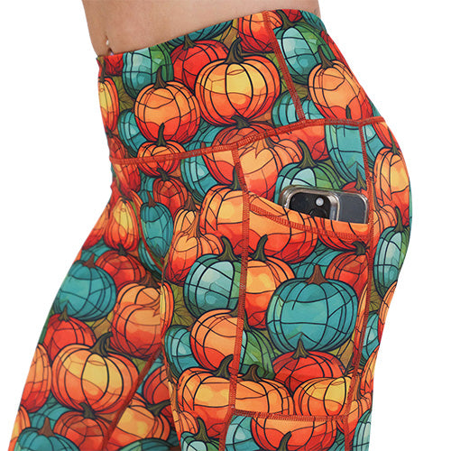 side pocket on the orange and blue mini pumpkin patterned leggings