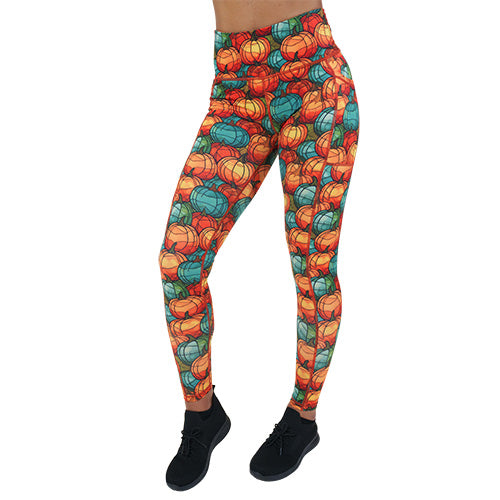 full length orange and blue mini pumpkin patterned leggings