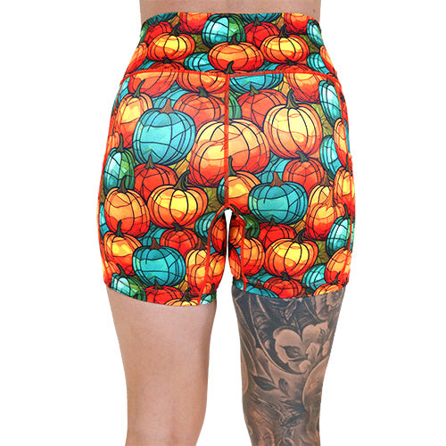 back of the 5 inch orange and blue mini pumpkin patterned shorts