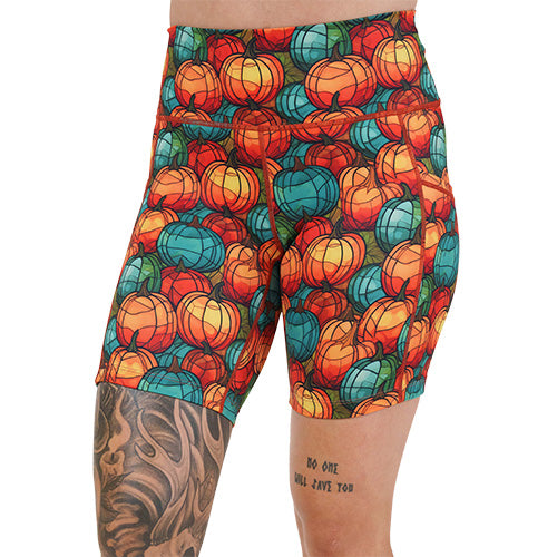 7 inch orange and blue mini pumpkin patterned shorts