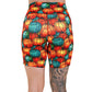 back of 7 inch orange and blue mini pumpkin patterned shorts