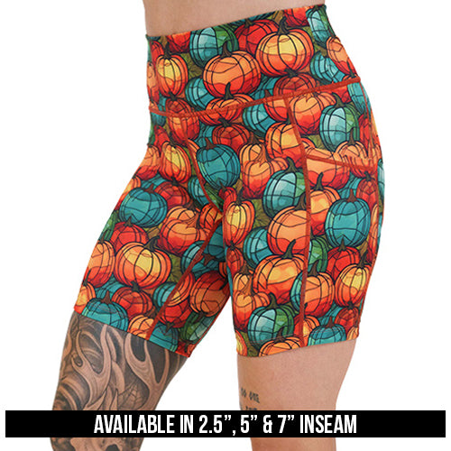 orange and blue mini pumpkin patterned shorts available inseams