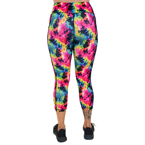 back of the capri length neon colorful tie dye leggings