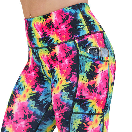 side pocket on the neon colorful tie dye leggings