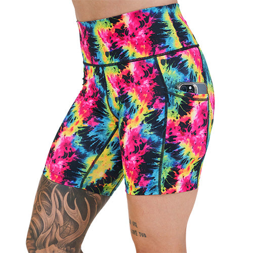 side pocket on the neon colorful tie dye shorts