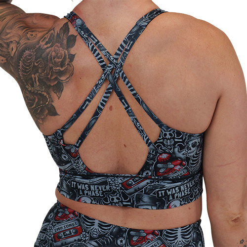 back of the skull and heart patterned sports bra