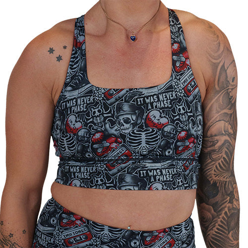 skull and heart patterned sports bra