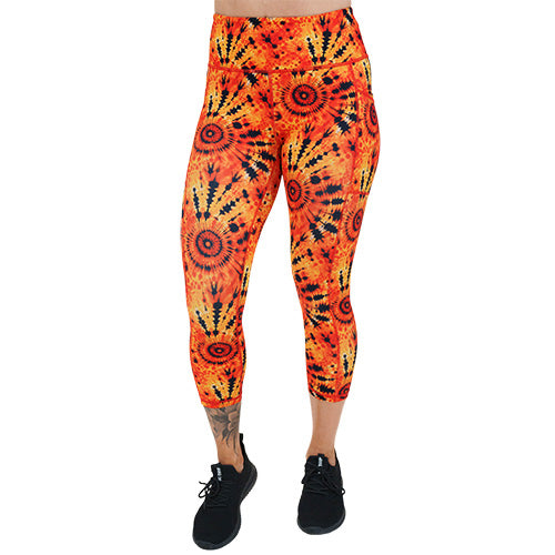 capri length black and orange tie dye leggings