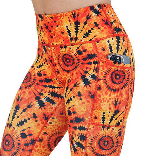 side pocket on the black and orange tie dye leggings