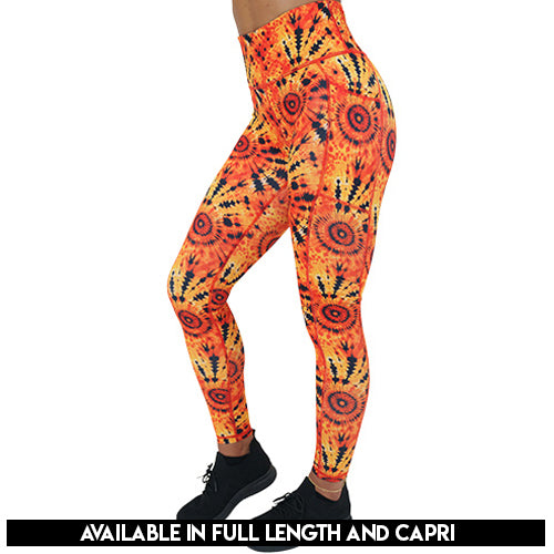 black and orange tie dye leggings available in full and capri length