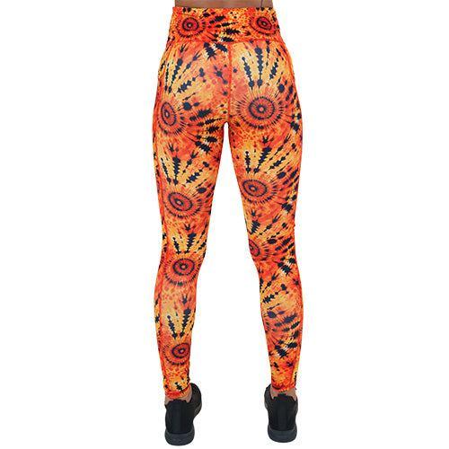 back of the black and orange tie dye leggings