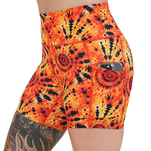 side pocket on the black and orange tie dye shorts