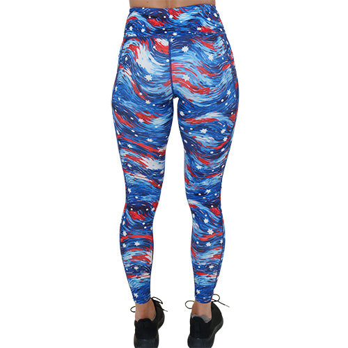 back of the full length red, white and blue paint patterned leggings