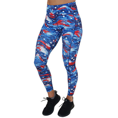 full length red, white and blue paint patterned leggings