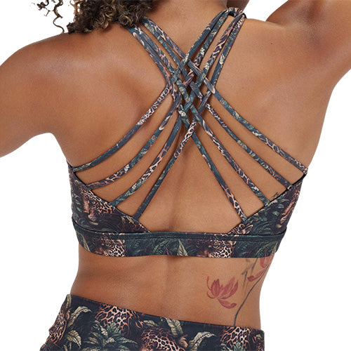 back of the leopard and leaves patterned sports bra