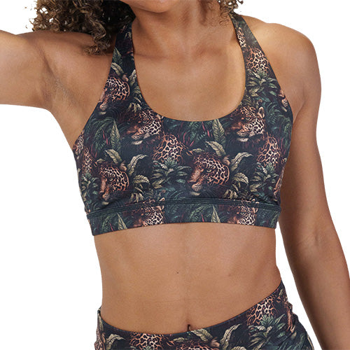 leopard and leaves patterned sports bra