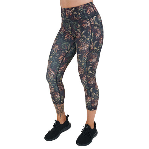 capri length leopard and leaves patterned leggings