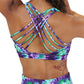 back of the purple and green tie dye sports bra