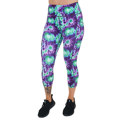 capri length purple and green tie dye leggings